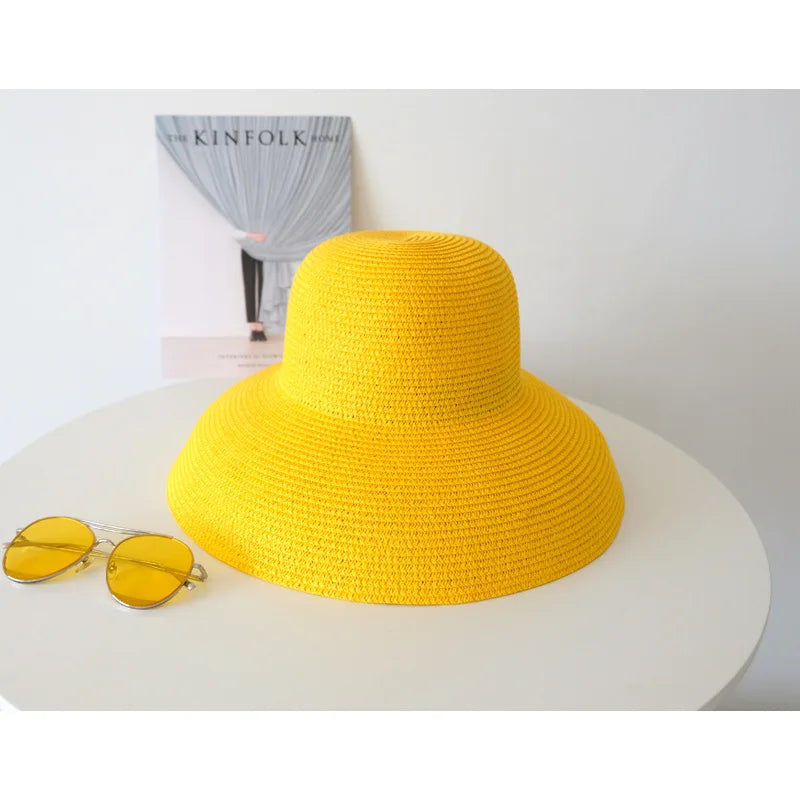 Summer Hepburn Style Vintage Design Big Eaves Straw Hat Women Girls Solid Color Beach Holiday Big Sun Gorra