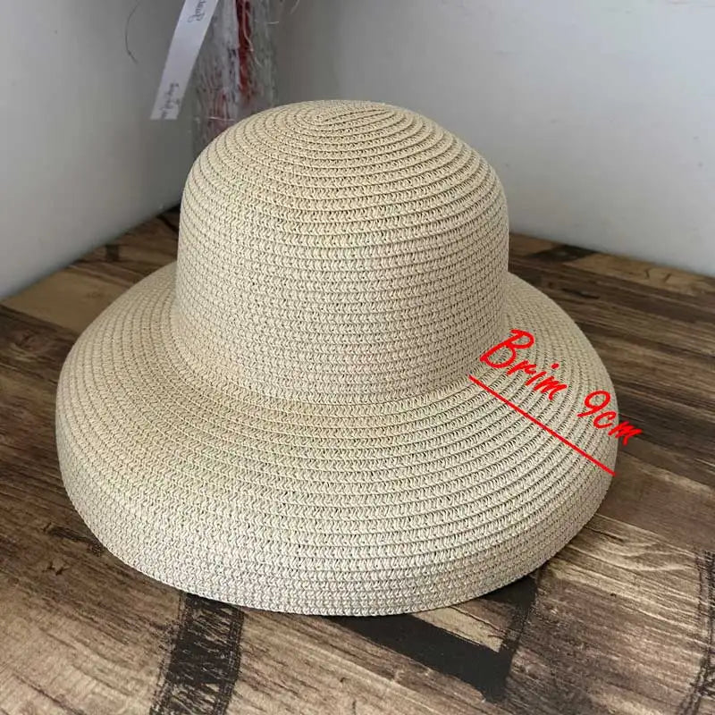 Summer Hepburn Style Vintage Design Big Eaves Straw Hat Women Girls Solid Color Beach Holiday Big Sun Gorra