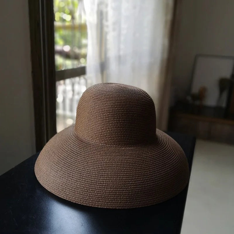 Summer Hepburn Style Vintage Design Big Eaves Straw Hat Women Girls Solid Color Beach Holiday Big Sun Gorra