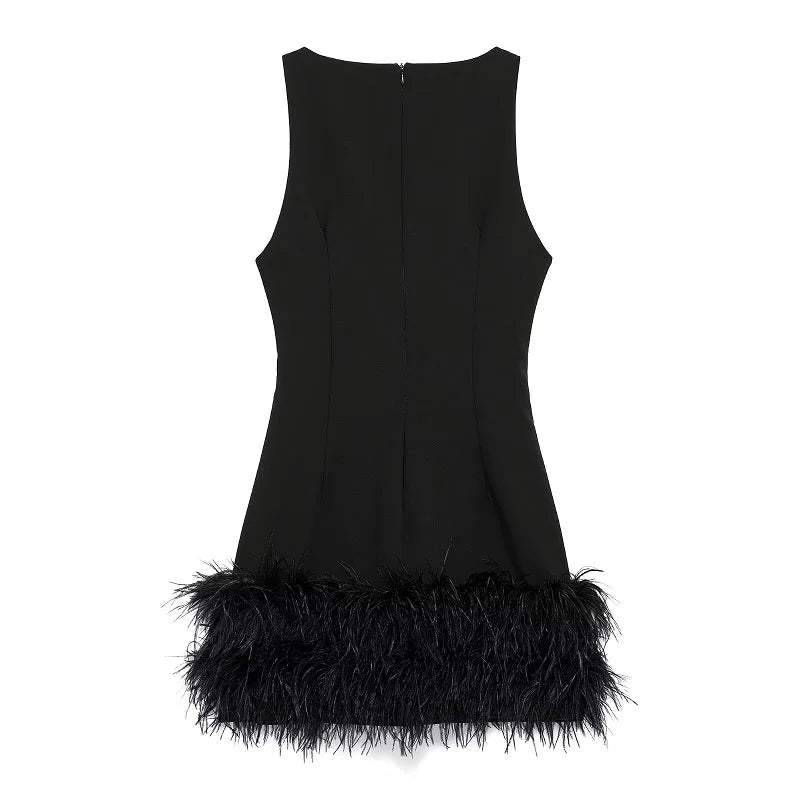 TRAF 2025 Feather Mini Dress Women Black Sleeveless Corset Dress Woman off Shoulder Party Dresses for Women Luxury Short Dresses