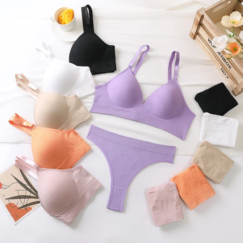Women Underwear Set Ice Silk Seamless panties Sexy Low Waist Beautiful Back Push Up Bra Comfortable No Steel Ring Adjustable Lar