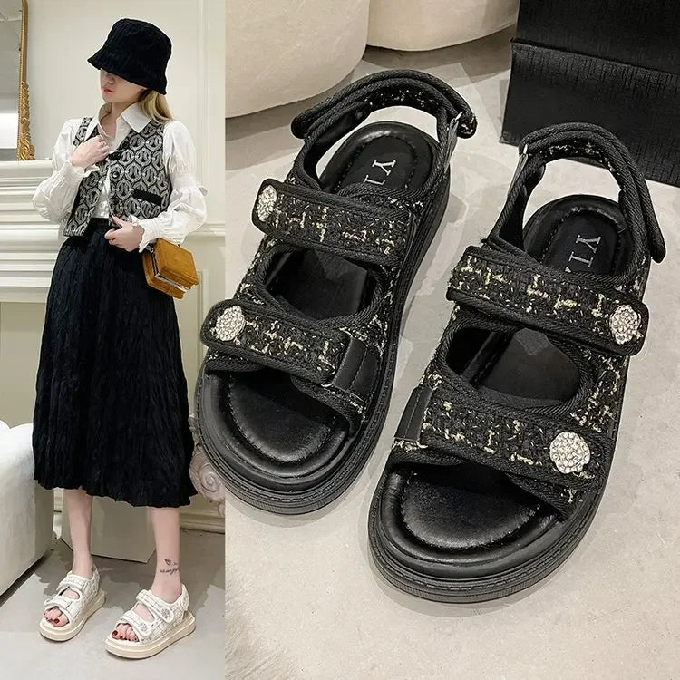 New 2025 Women's Flat Sandals Casual Beach Shoes Magic Tape Summer Open Toe PU Leather Rubber Bottom Decorative Metal Element