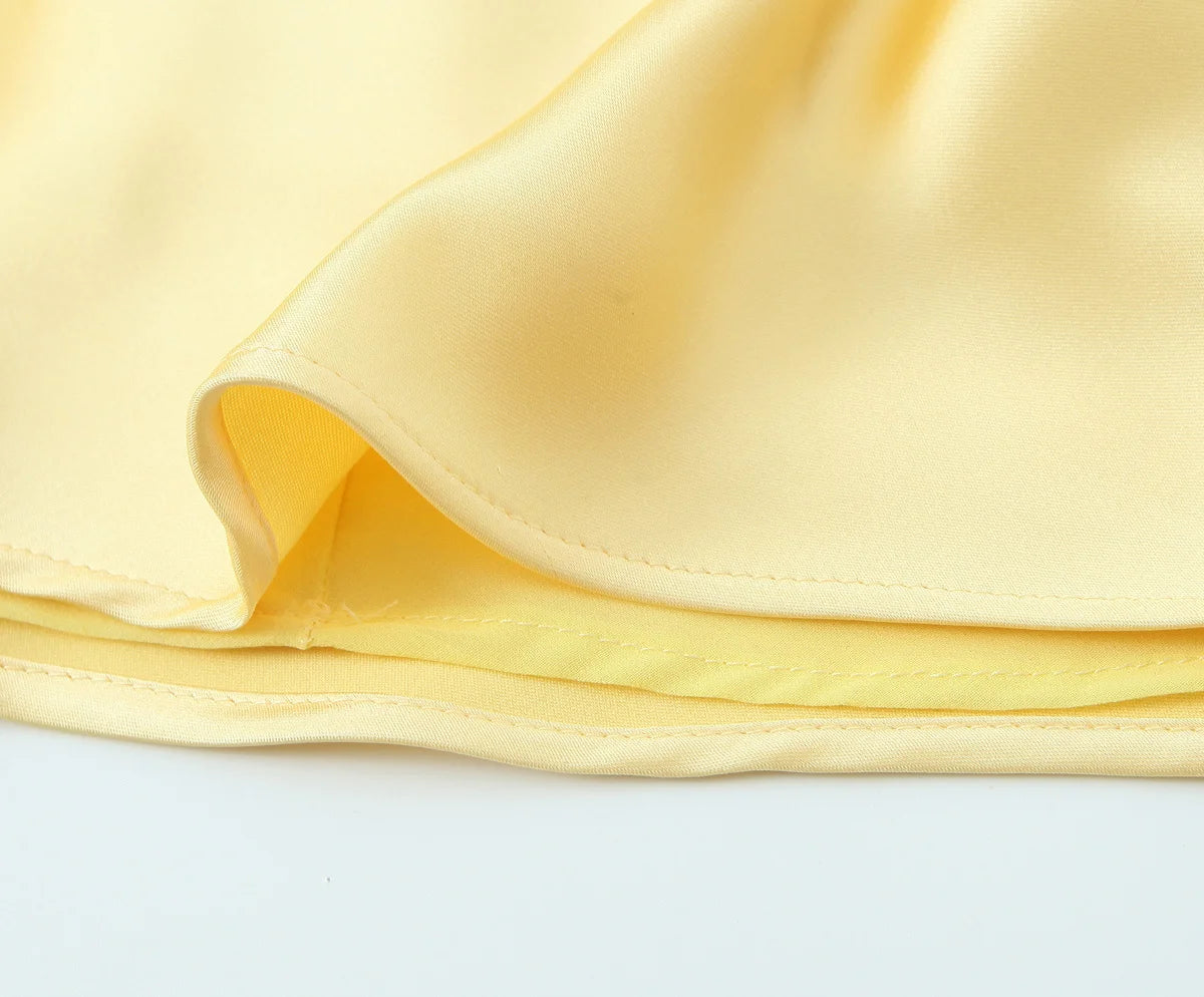 TRAFZA 2025 Summer Women V-Neck Yellow Dress Sexy Backless Women Casual Slim Stain Texture Sling Long Dress For Beach Party