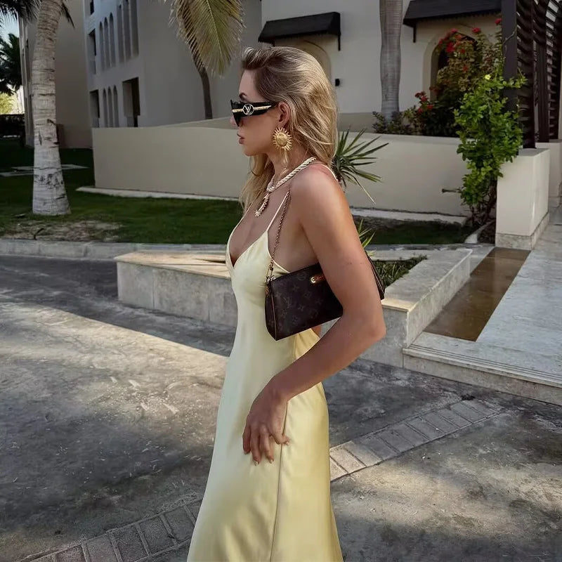 TRAFZA 2025 Summer Women V-Neck Yellow Dress Sexy Backless Women Casual Slim Stain Texture Sling Long Dress For Beach Party