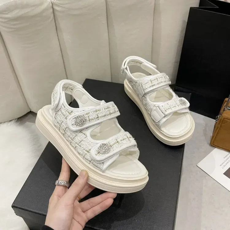 New 2025 Women's Flat Sandals Casual Beach Shoes Magic Tape Summer Open Toe PU Leather Rubber Bottom Decorative Metal Element