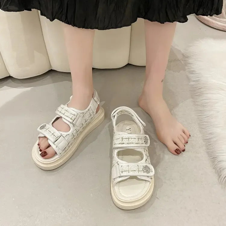 New 2025 Women's Flat Sandals Casual Beach Shoes Magic Tape Summer Open Toe PU Leather Rubber Bottom Decorative Metal Element