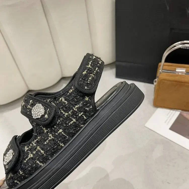 New 2025 Women's Flat Sandals Casual Beach Shoes Magic Tape Summer Open Toe PU Leather Rubber Bottom Decorative Metal Element