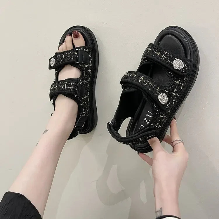 New 2025 Women's Flat Sandals Casual Beach Shoes Magic Tape Summer Open Toe PU Leather Rubber Bottom Decorative Metal Element