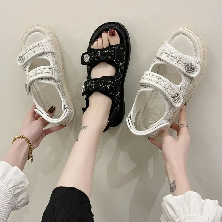 New 2025 Women's Flat Sandals Casual Beach Shoes Magic Tape Summer Open Toe PU Leather Rubber Bottom Decorative Metal Element