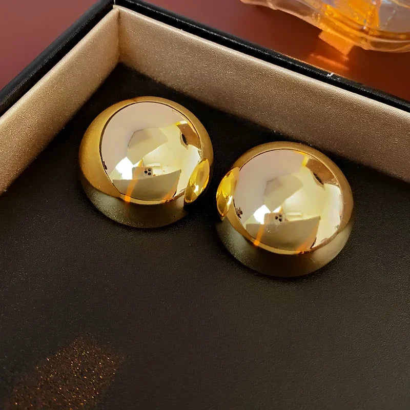 Smooth Round Earrings For Women Big Ball Metal Stud Earrings Classic Gold Color Geometric Earrings Vintage Jewelry  Accessories