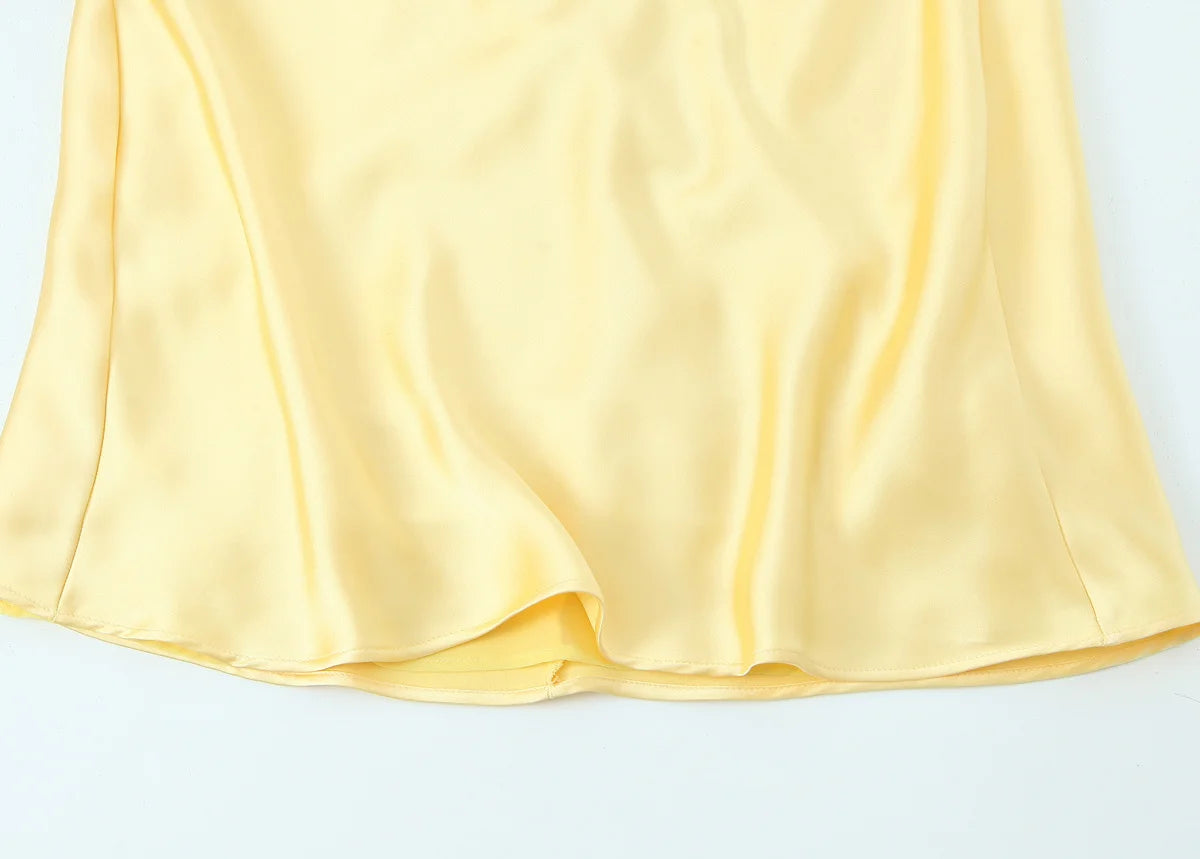 TRAFZA 2025 Summer Women V-Neck Yellow Dress Sexy Backless Women Casual Slim Stain Texture Sling Long Dress For Beach Party