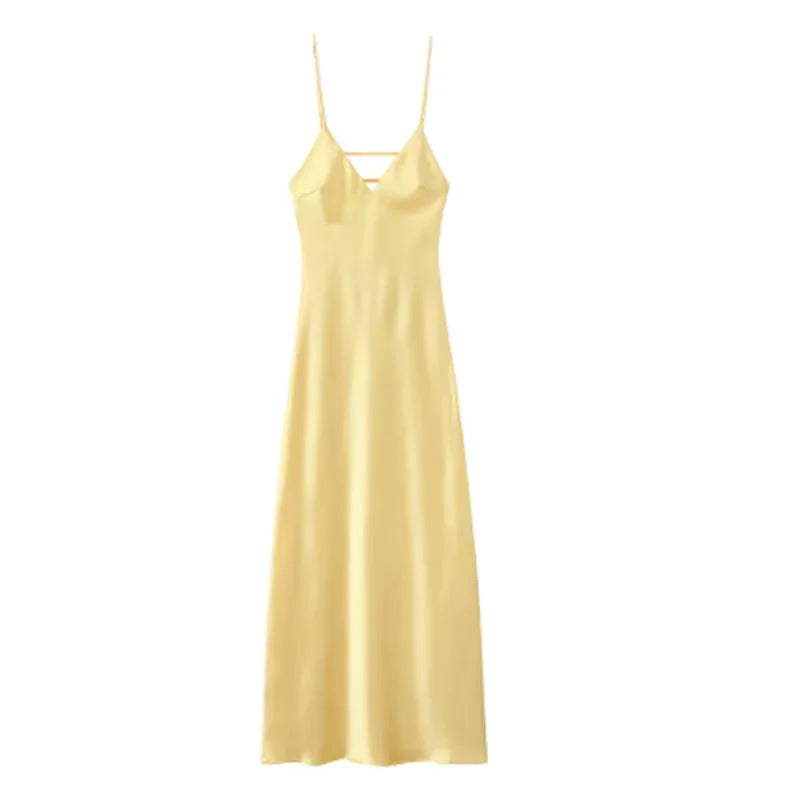 TRAFZA 2025 Summer Women V-Neck Yellow Dress Sexy Backless Women Casual Slim Stain Texture Sling Long Dress For Beach Party
