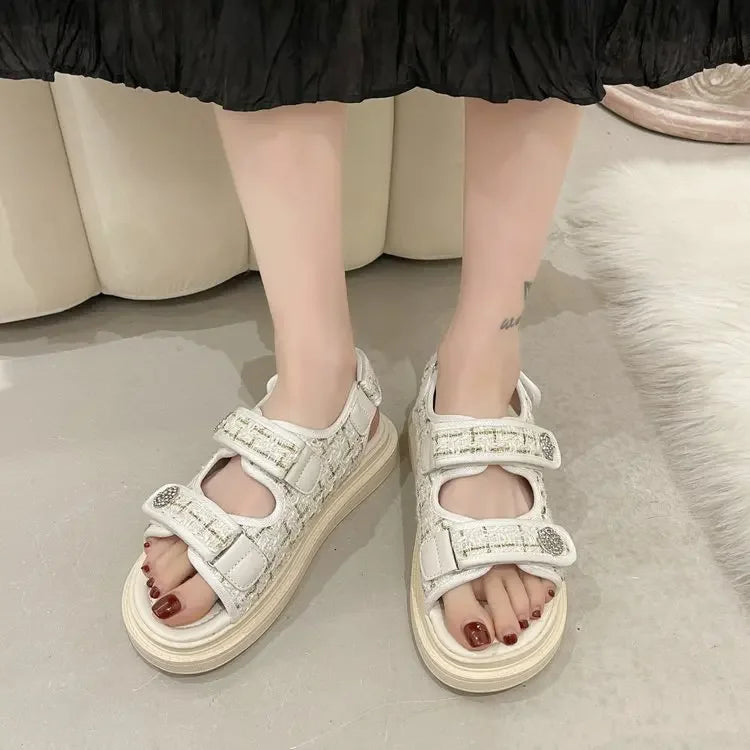 New 2025 Women's Flat Sandals Casual Beach Shoes Magic Tape Summer Open Toe PU Leather Rubber Bottom Decorative Metal Element