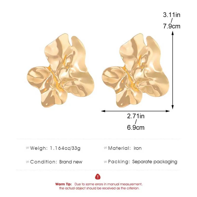 Vintage Metal Irregular Pleated Stud Earrings for Women Exaggerated Gold Color Large Geometric Statement Earrings Party Jewelry