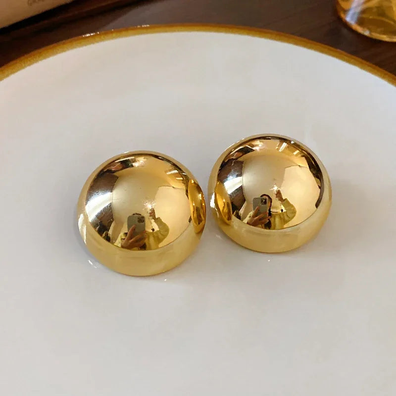 Smooth Round Earrings For Women Big Ball Metal Stud Earrings Classic Gold Color Geometric Earrings Vintage Jewelry  Accessories