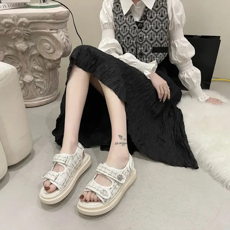 New 2025 Women's Flat Sandals Casual Beach Shoes Magic Tape Summer Open Toe PU Leather Rubber Bottom Decorative Metal Element