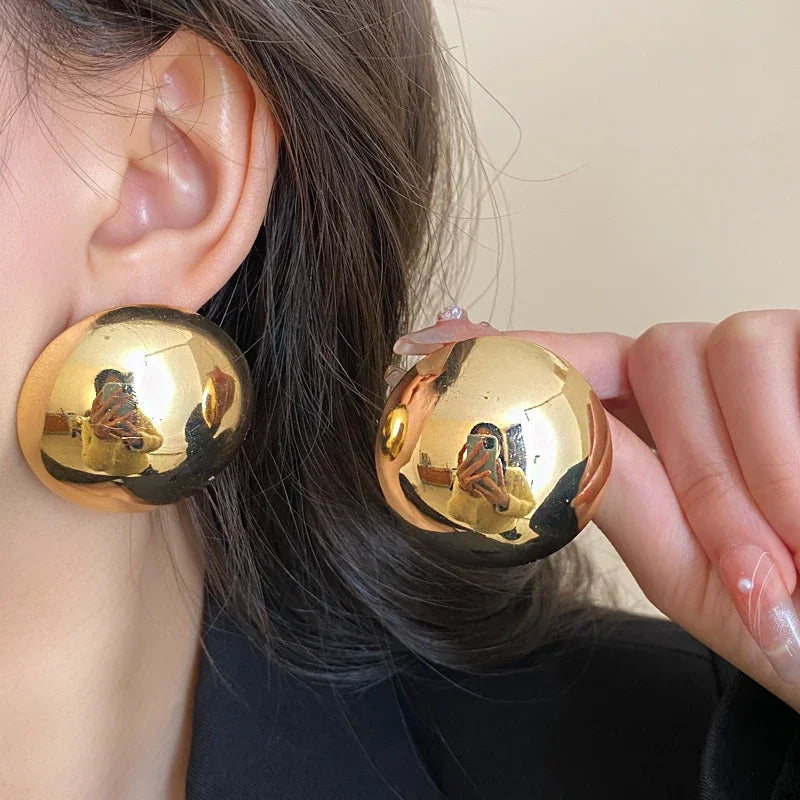 Smooth Round Earrings For Women Big Ball Metal Stud Earrings Classic Gold Color Geometric Earrings Vintage Jewelry  Accessories