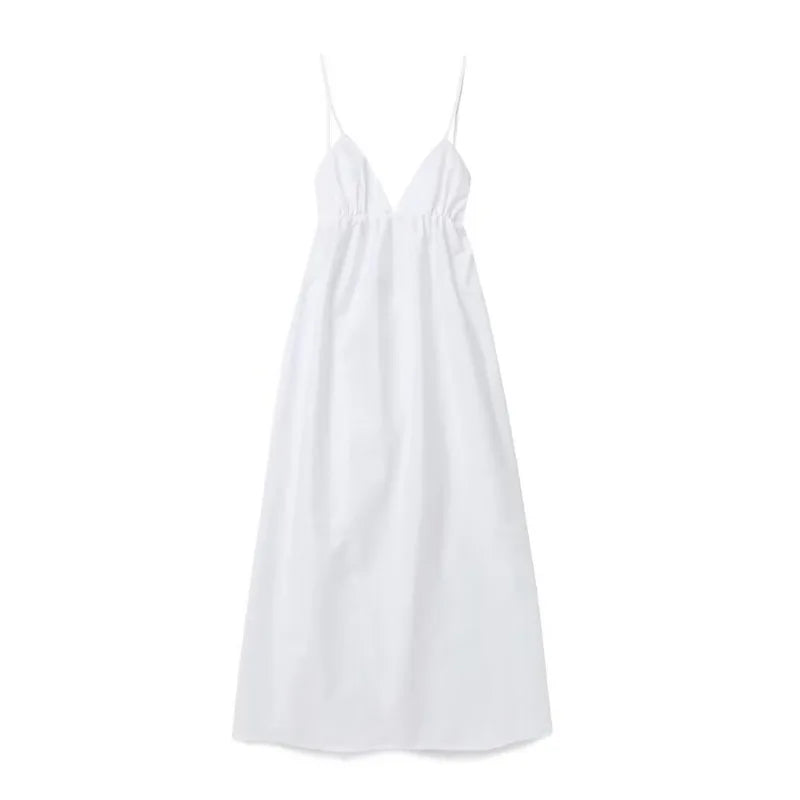 ZBZA Women's Backless Midi Dress Waistband V Neck Solid Pullover High Waisted Loose Fitting Camisole A-line Skirt New Chic Dress