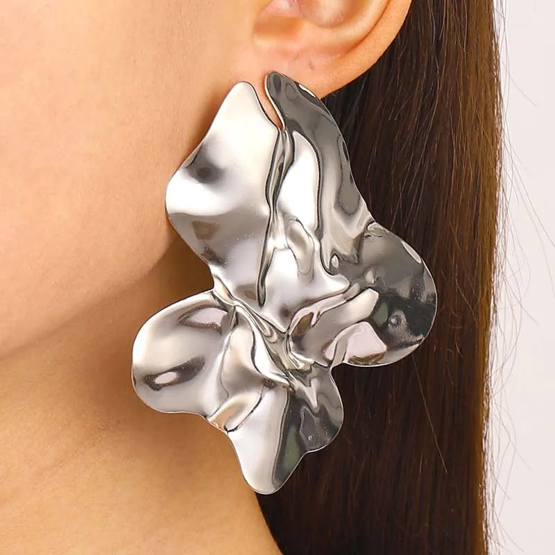 Vintage Metal Irregular Pleated Stud Earrings for Women Exaggerated Gold Color Large Geometric Statement Earrings Party Jewelry