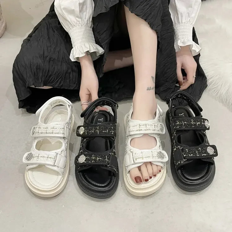 New 2025 Women's Flat Sandals Casual Beach Shoes Magic Tape Summer Open Toe PU Leather Rubber Bottom Decorative Metal Element
