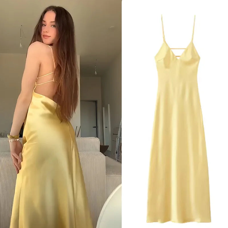 TRAFZA 2025 Summer Women V-Neck Yellow Dress Sexy Backless Women Casual Slim Stain Texture Sling Long Dress For Beach Party